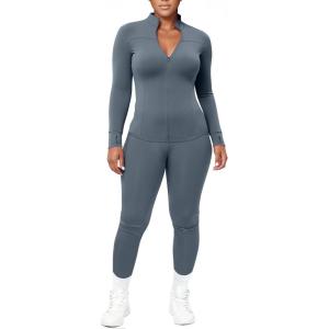imageUOUA Womens Workout Set Two Piece Outfits Bodycon Long Sleeve Zipper Jacket ampamp Leggings for Gym TracksuitGreyblue