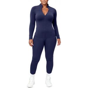 imageUOUA Womens Workout Set Two Piece Outfits Bodycon Long Sleeve Zipper Jacket ampamp Leggings for Gym TracksuitNavy