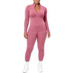 imageUOUA Womens Workout Set Two Piece Outfits Bodycon Long Sleeve Zipper Jacket ampamp Leggings for Gym TracksuitPink