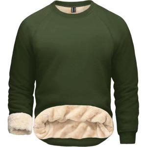 imageBoladeci Mens Sherpa Lined Crewneck Sweatshirt Heavyweight Thick Cotton Winter Warm Fleece Pullover ShirtsArmy Green