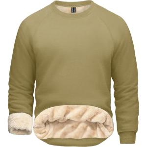 imageBoladeci Mens Sherpa Lined Crewneck Sweatshirt Heavyweight Thick Cotton Winter Warm Fleece Pullover ShirtsKhaki