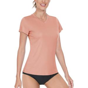 imageBoladeci Womens Swim Shirts  UPF 50 Sun Protection Short Sleeve V Neck TShirts Workout TopsApricot