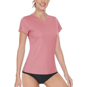 imageBoladeci Womens Swim Shirts  UPF 50 Sun Protection Short Sleeve V Neck TShirts Workout TopsGrey Pink