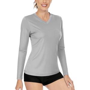 imageBoladeci Womens Swim Shirts Long Sleeve V Neck T Shirts UPF 50 Sun Protection Quick Dry Rash GuardLight Grey