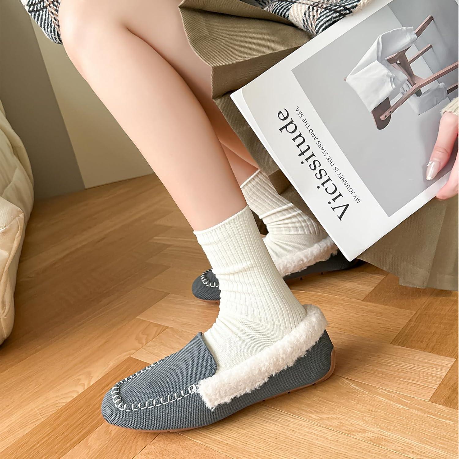 imageUOUA Womens Knit Moccasin Slippers for Indoor Outdoor Faux Fur House Slippers Fuzzy Slipon Loafers Winter Shoes