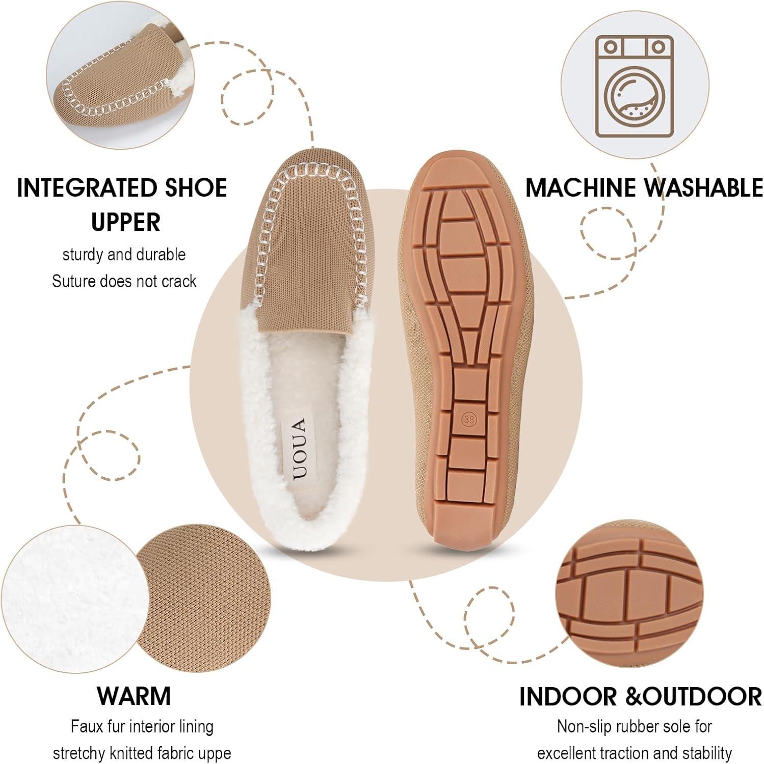 imageUOUA Womens Knit Moccasin Slippers for Indoor Outdoor Faux Fur House Slippers Fuzzy Slipon Loafers Winter Shoes