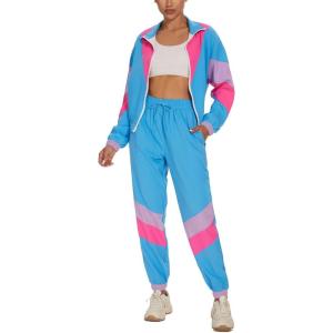 imageUOUA Womens Color Block 2 Piece 80s 90s Outfits Long Sleeve Windbreaker Jacket Tracksuit SetBlue