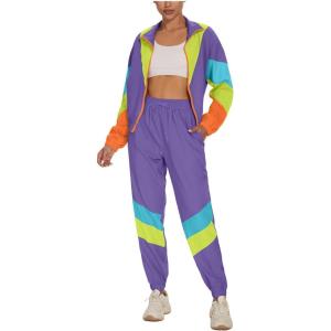 imageUOUA Womens Color Block 2 Piece 80s 90s Outfits Long Sleeve Windbreaker Jacket Tracksuit SetBlue Purple
