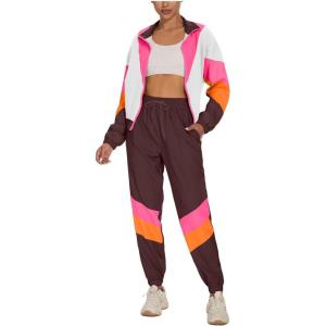 imageUOUA Womens Color Block 2 Piece 80s 90s Outfits Long Sleeve Windbreaker Jacket Tracksuit SetBrown White