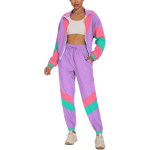 imageUOUA Womens Color Block 2 Piece 80s 90s Outfits Long Sleeve Windbreaker Jacket Tracksuit SetLavender
