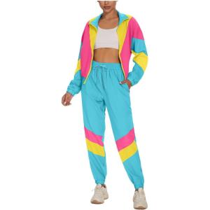 imageUOUA Womens Color Block 2 Piece 80s 90s Outfits Long Sleeve Windbreaker Jacket Tracksuit SetLight Blue