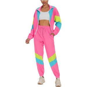 imageUOUA Womens Color Block 2 Piece 80s 90s Outfits Long Sleeve Windbreaker Jacket Tracksuit SetLight Pink