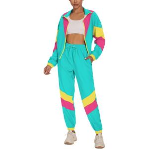 imageUOUA Womens Color Block 2 Piece 80s 90s Outfits Long Sleeve Windbreaker Jacket Tracksuit SetMint Green