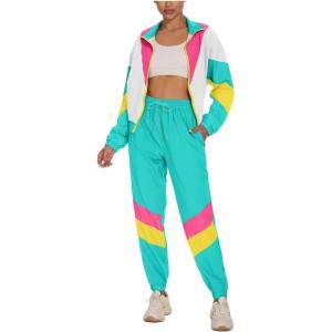 imageUOUA Womens Color Block 2 Piece 80s 90s Outfits Long Sleeve Windbreaker Jacket Tracksuit SetMint White