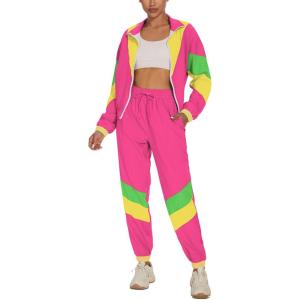 imageUOUA Womens Color Block 2 Piece 80s 90s Outfits Long Sleeve Windbreaker Jacket Tracksuit SetPink
