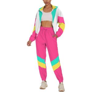 imageUOUA Womens Color Block 2 Piece 80s 90s Outfits Long Sleeve Windbreaker Jacket Tracksuit SetPink White