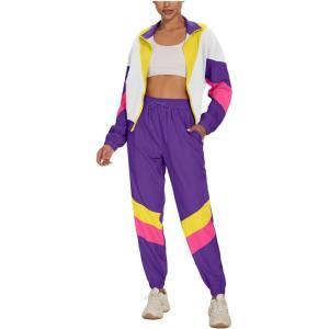 imageUOUA Womens Color Block 2 Piece 80s 90s Outfits Long Sleeve Windbreaker Jacket Tracksuit SetPurple White