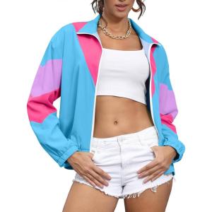 imageUOUA 80s Windbreaker Jacket for Women Retro Color Block Wind Breaker Long Sleeve Reversible Casual CoatBlue