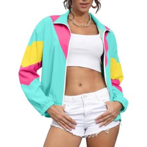 imageUOUA 80s Windbreaker Jacket for Women Retro Color Block Wind Breaker Long Sleeve Reversible Casual CoatMint Green