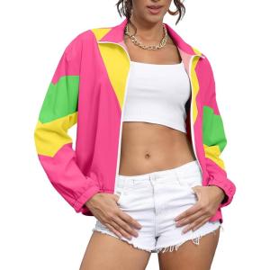 imageUOUA 80s Windbreaker Jacket for Women Retro Color Block Wind Breaker Long Sleeve Reversible Casual CoatPink