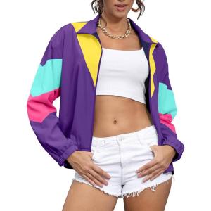 imageUOUA 80s Windbreaker Jacket for Women Retro Color Block Wind Breaker Long Sleeve Reversible Casual CoatPurple