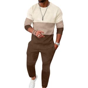 imageUOUA Mens 2 Piece Sweatsuits Set Long Sleeve Sweatshirt Jogging Sweatpants Tracksuits OutfitsColorblock Brown