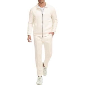 imageUOUA Mens 2 Piece Tracksuits Set Casual Jacquard Sweatsuits Outfits FullZip Jakcet ampamp Loose Jogging PantsBeige