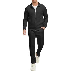 imageUOUA Mens 2 Piece Tracksuits Set Casual Jacquard Sweatsuits Outfits FullZip Jakcet ampamp Loose Jogging PantsBlack