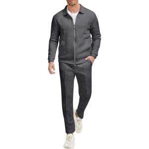 imageUOUA Mens 2 Piece Tracksuits Set Casual Jacquard Sweatsuits Outfits FullZip Jakcet ampamp Loose Jogging PantsDark Grey