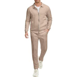 imageUOUA Mens 2 Piece Tracksuits Set Casual Jacquard Sweatsuits Outfits FullZip Jakcet ampamp Loose Jogging PantsKhaki