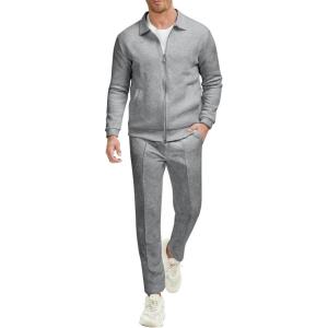 imageUOUA Mens 2 Piece Tracksuits Set Casual Jacquard Sweatsuits Outfits FullZip Jakcet ampamp Loose Jogging PantsLight Grey