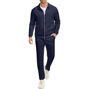 imageUOUA Mens 2 Piece Tracksuits Set Casual Jacquard Sweatsuits Outfits FullZip Jakcet ampamp Loose Jogging PantsNavy Blue