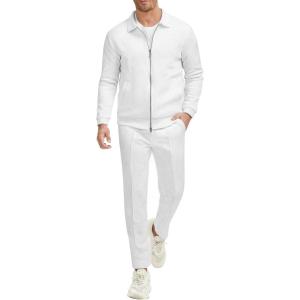 imageUOUA Mens 2 Piece Tracksuits Set Casual Jacquard Sweatsuits Outfits FullZip Jakcet ampamp Loose Jogging PantsWhite