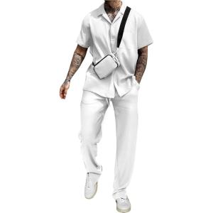 imageUOUA Mens Summer 2 Piece Set Casual Outfits Button Short Sleeve Shirt ampamp Loose Pants Textured Striped Tracksuit Walking SuitsWhite