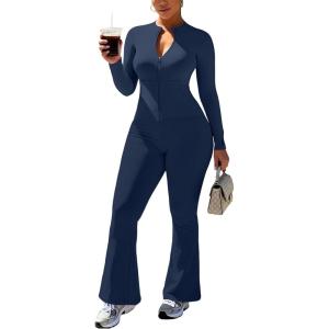 imageUOUA Womens 2 Piece Set Long Sleeve Jacket ampamp Ankle Length Workout Flare Leggings Casual Matching Outfit Tracksuit SweatsuitNavy