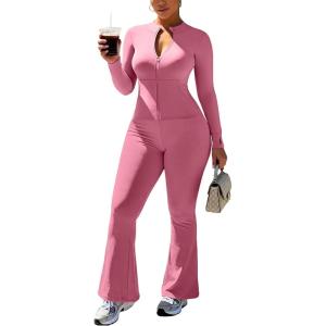 imageUOUA Womens 2 Piece Set Long Sleeve Jacket ampamp Ankle Length Workout Flare Leggings Casual Matching Outfit Tracksuit SweatsuitPink