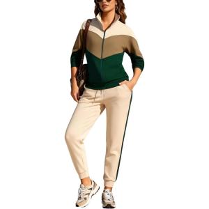 imageUOUA Womens 2 Piece Set Tracksuit Long Sleeve Zip Jacket ampamp Jogger Pants Workout Lounge Casual Outfit SweatsuitsBeige