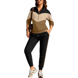 imageUOUA Womens 2 Piece Set Tracksuit Long Sleeve Zip Jacket ampamp Jogger Pants Workout Lounge Casual Outfit SweatsuitsKhaki