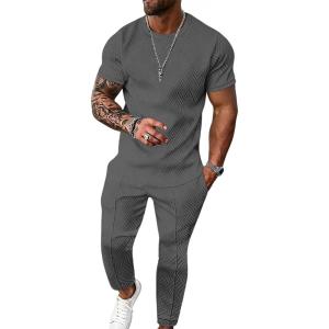 imageUOUA Mens 2 Piece Sweatsuit Set Short Sleeve Sweatshirt Jogging Sweatpants Tracksuits OutfitsDark Grey