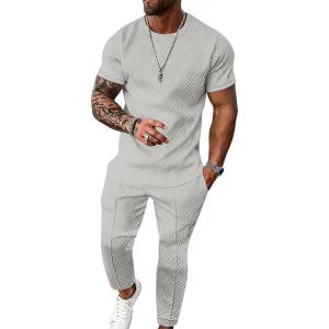 imageUOUA Mens 2 Piece Sweatsuit Set Short Sleeve Sweatshirt Jogging Sweatpants Tracksuits OutfitsGrey
