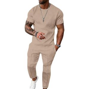 imageUOUA Mens 2 Piece Sweatsuit Set Short Sleeve Sweatshirt Jogging Sweatpants Tracksuits OutfitsKhaki