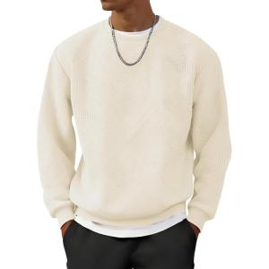 imageUOUA Mens Crewneck Sweatshirt Jacquard Texture Pullover Casual Long Sleeve Shirt for Fall WinterBeige