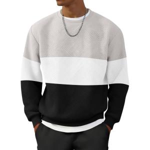 imageUOUA Mens Crewneck Sweatshirt Jacquard Texture Pullover Casual Long Sleeve Shirt for Fall WinterColorblock Black
