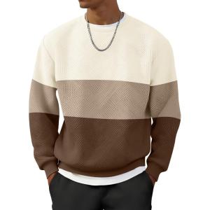 imageUOUA Mens Crewneck Sweatshirt Jacquard Texture Pullover Casual Long Sleeve Shirt for Fall WinterColorblock Brown