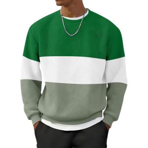 imageUOUA Mens Crewneck Sweatshirt Jacquard Texture Pullover Casual Long Sleeve Shirt for Fall WinterColorblock Green