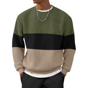 imageUOUA Mens Crewneck Sweatshirt Jacquard Texture Pullover Casual Long Sleeve Shirt for Fall WinterColorblock Khaki