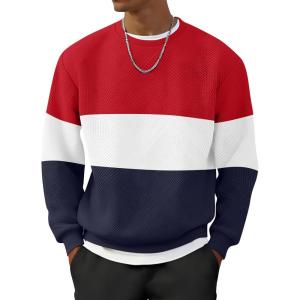 imageUOUA Mens Crewneck Sweatshirt Jacquard Texture Pullover Casual Long Sleeve Shirt for Fall WinterColorblock Navy