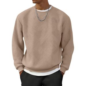 imageUOUA Mens Crewneck Sweatshirt Jacquard Texture Pullover Casual Long Sleeve Shirt for Fall WinterKhaki