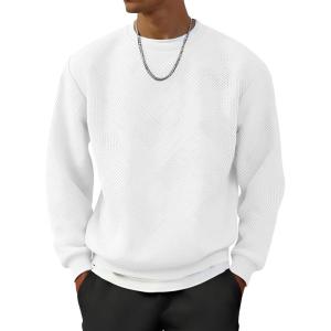 imageUOUA Mens Crewneck Sweatshirt Jacquard Texture Pullover Casual Long Sleeve Shirt for Fall WinterWhite
