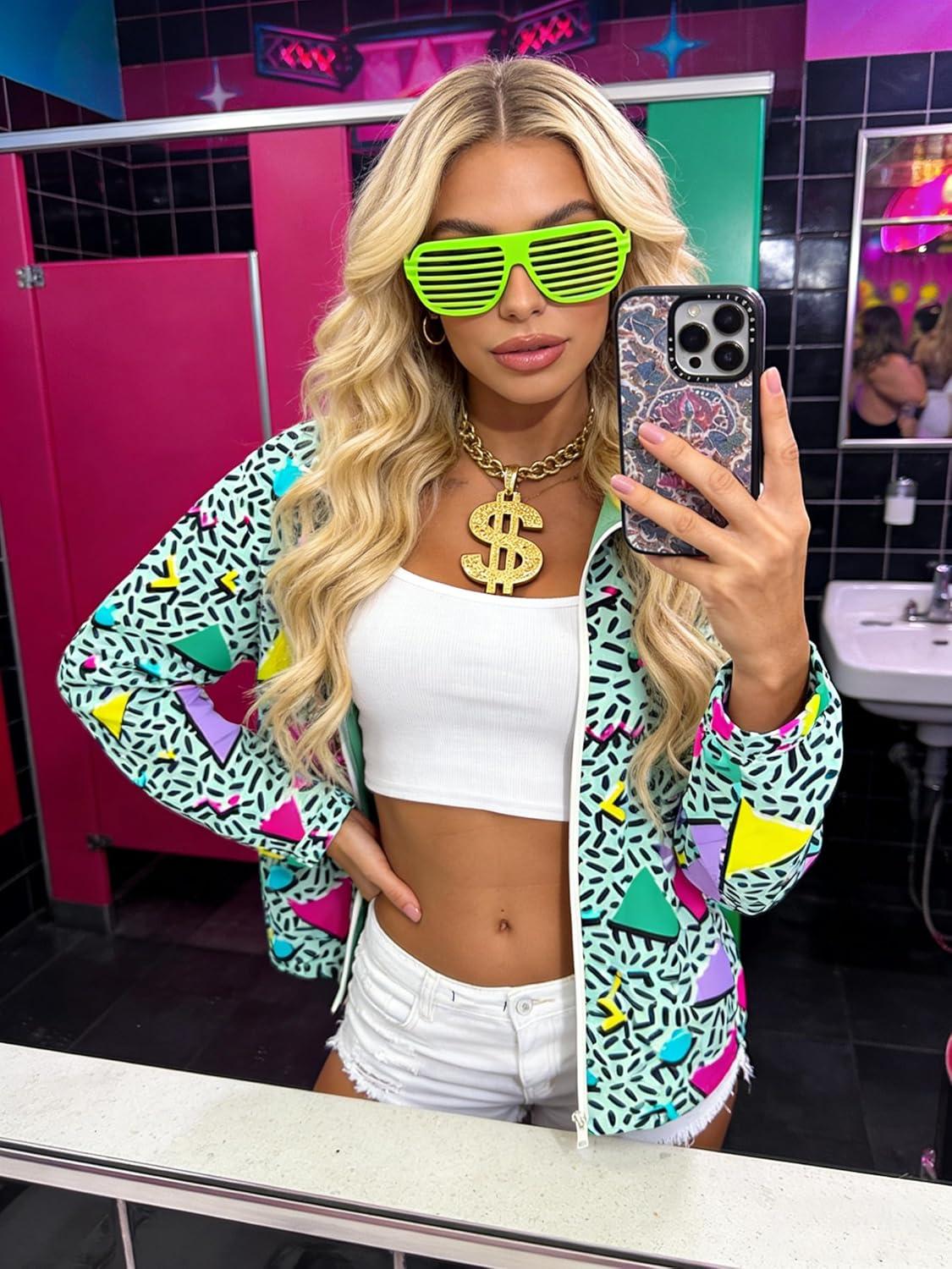 imageUOUA 80s Windbreaker Jacket for Women Retro Color Block Wind Breaker Long Sleeve Reversible Casual CoatGreenish Print